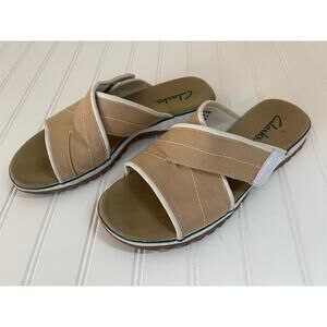 Clarks Tan White Canvas Slides Sandals Shoes Hook & Loop - Size Women's 9
